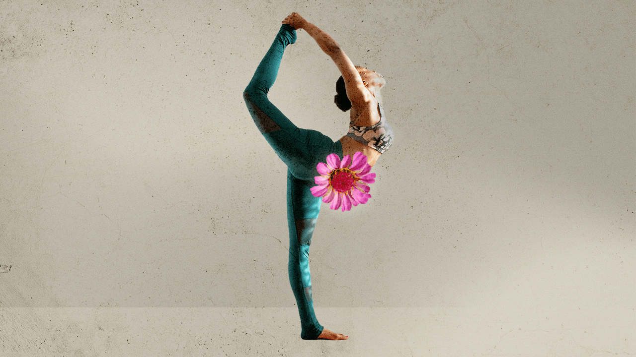 A woman stretching her leg behind her as a pink daisy flower blossoms over her body, in representation of orgasm