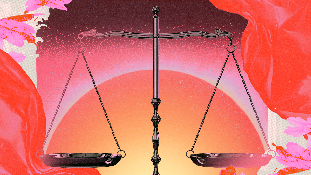 A scale that represents Libra hanging over a bright orange sun backdrop