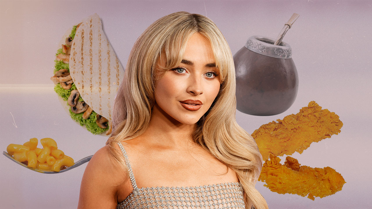 A collage of Sabrina Carpenter with food items behind her