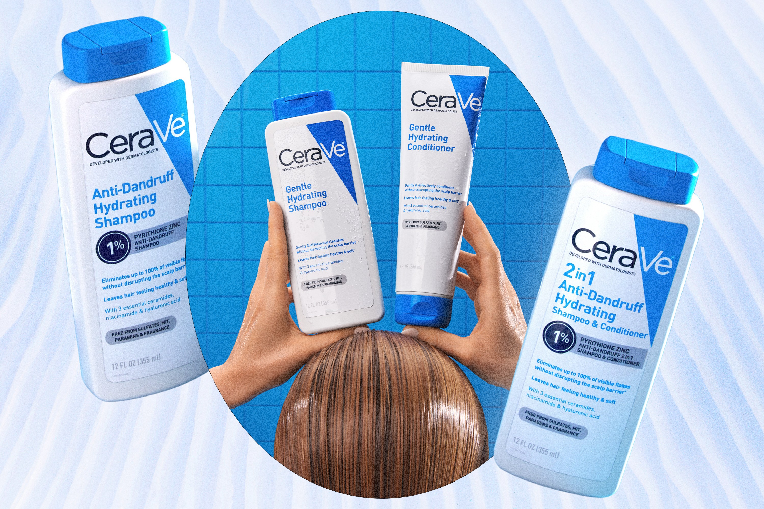 A collage of the new CeraVe hair care line.