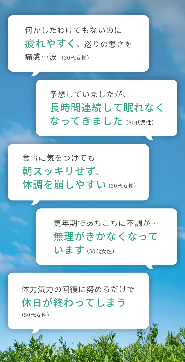 96%が「何らかの不調を感じる」と回答（※2024年6月顧客アンケート、n=169）の詳細、30～50代の回答