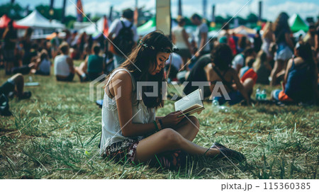 model sitting on the grass, engrossed in a book amidst the summer music festival chaos 115360385