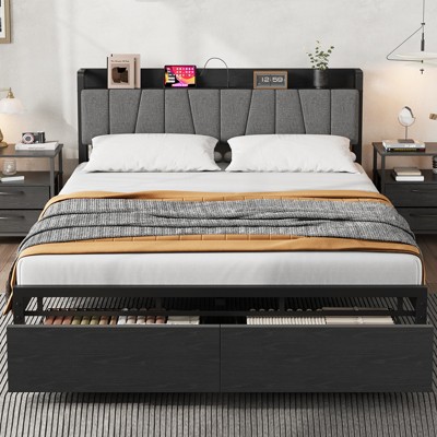 Whizmax Queen Size Bed Frame with Upholstered Headboard, Industrial Queen Platform Bed with 2 Storage Drawer and Charging Station No Box Spring Needed