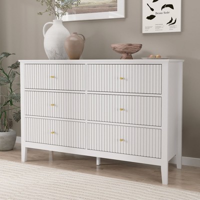 6 Drawers Dresser, Fluted Chest of Drawers with Storage, Modern Wood Wide Storage Dresser with Paint Design