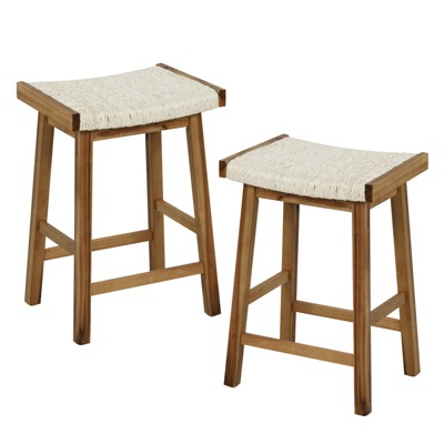 Tangkula Bar Stools Set of 2 25.5” Counter Height Bar Stools with Seagrass Woven Seat Solid Wood Frame & Comfortable Footrests