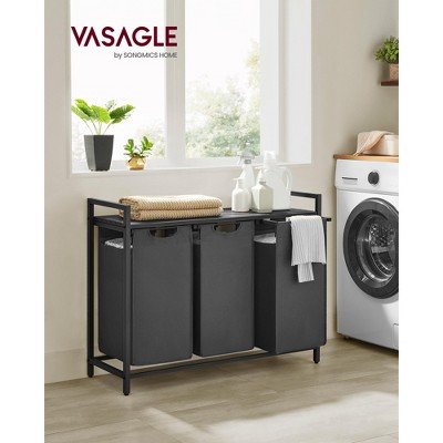 VASAGLE Laundry Hamper, Laundry Basket, Laundry Sorter with 3 Pull-Out and Removable Bags, Shelf, Metal Frame, 3 x 10 Gallons (38L)