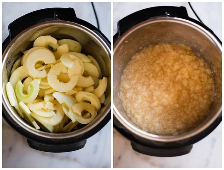 Process photos for making instant pot applesauce, from sliced apples in an instant pot bowl to the final product of mashed applesauce.