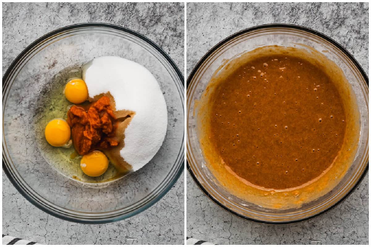 Two images showing eggs, sugar, pumpkin, and vanilla in a glass bowl then after it's combined with dry ingredients to make a homemade pumpkin roll cake batter. 