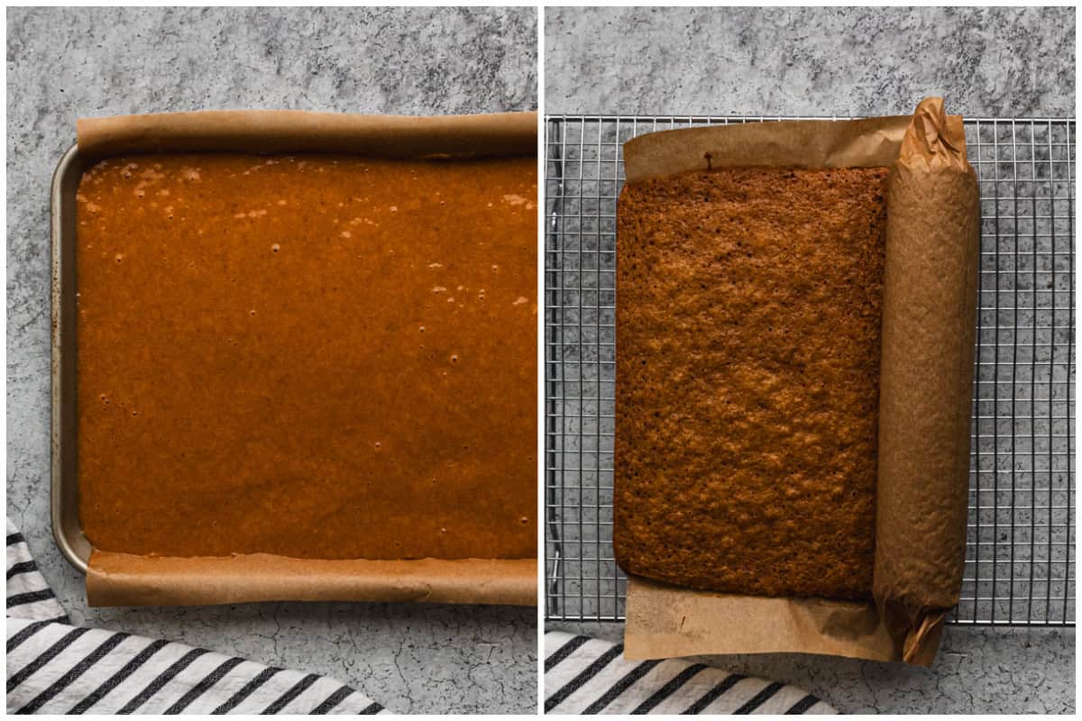 Two images showing how to make a pumpkin roll by first baking a pumpkin cake in a jelly roll pan with parchment paper, then after it's lifted and is rolled with the parchment paper. 