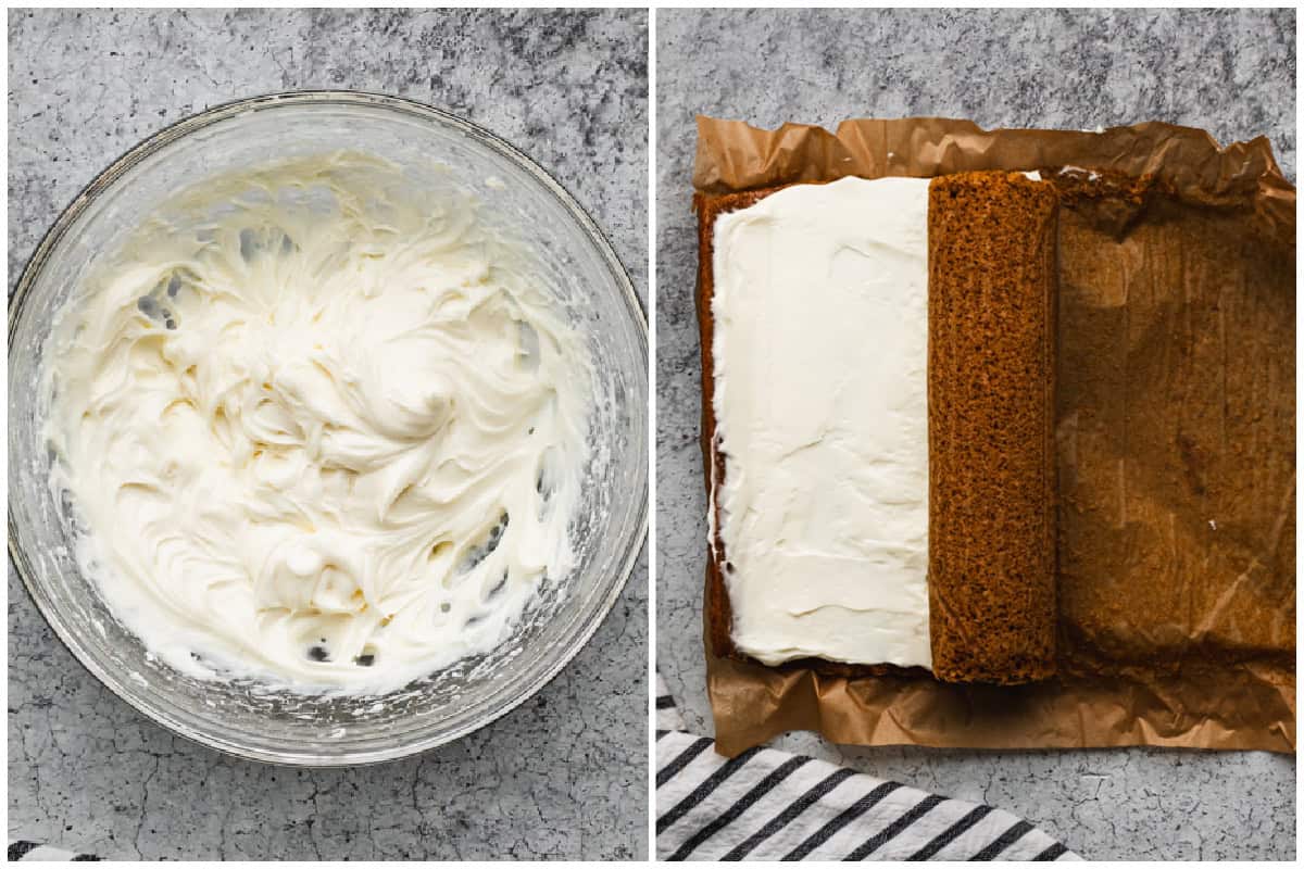 Two images showing a cream cheese frosting in a bowl then after it's spread on a pumpkin cake roll then rolled back up. 