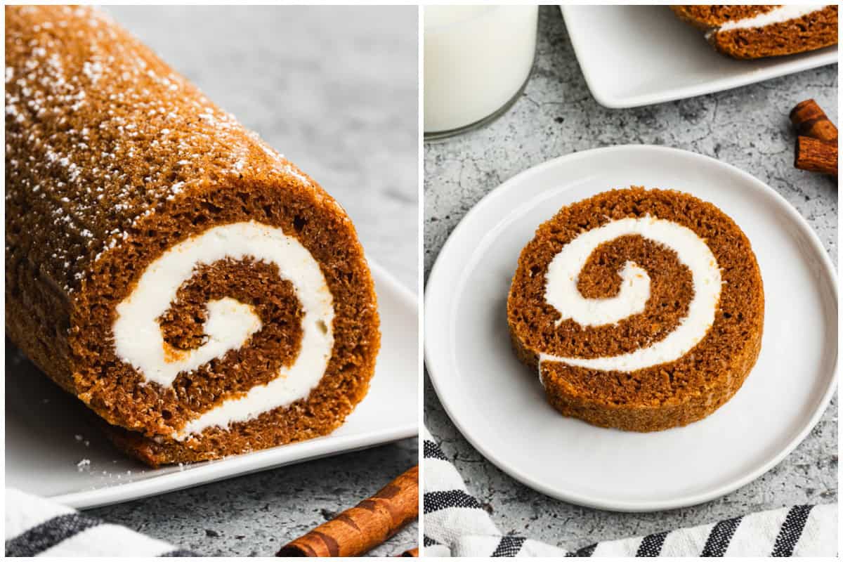 Two images showing the best Pumpkin Roll recipe on a serving tray then after a slice is cut and served on a white plate. 