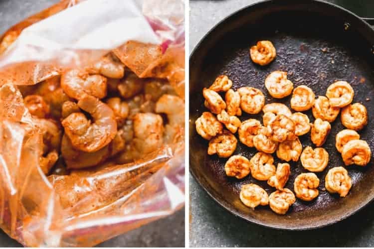 Shrimp marinating in a bag, and then cooking in a cast iron pan.