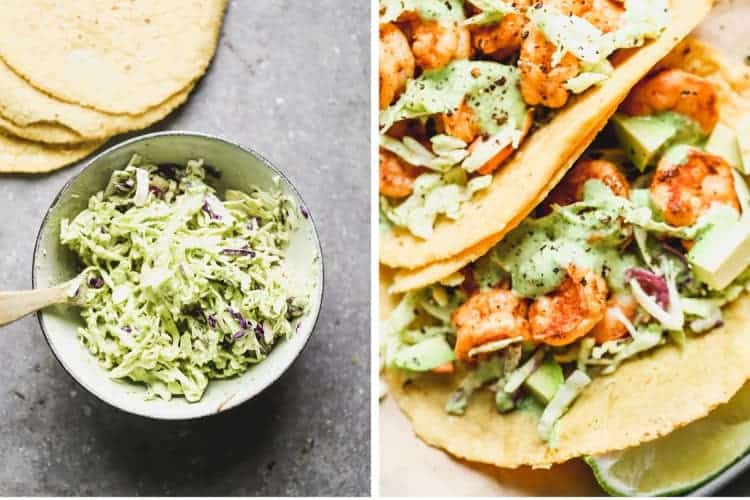 A bowl of slaw with shrimp taco sauce next to a photo of assembled shrimp tacos.