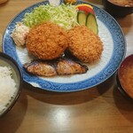 どんまい亭 - ブリ西京焼、メンチカツ、コロッケ定食 750円