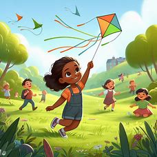 A child flying a kite in a park with other kids playing in the background