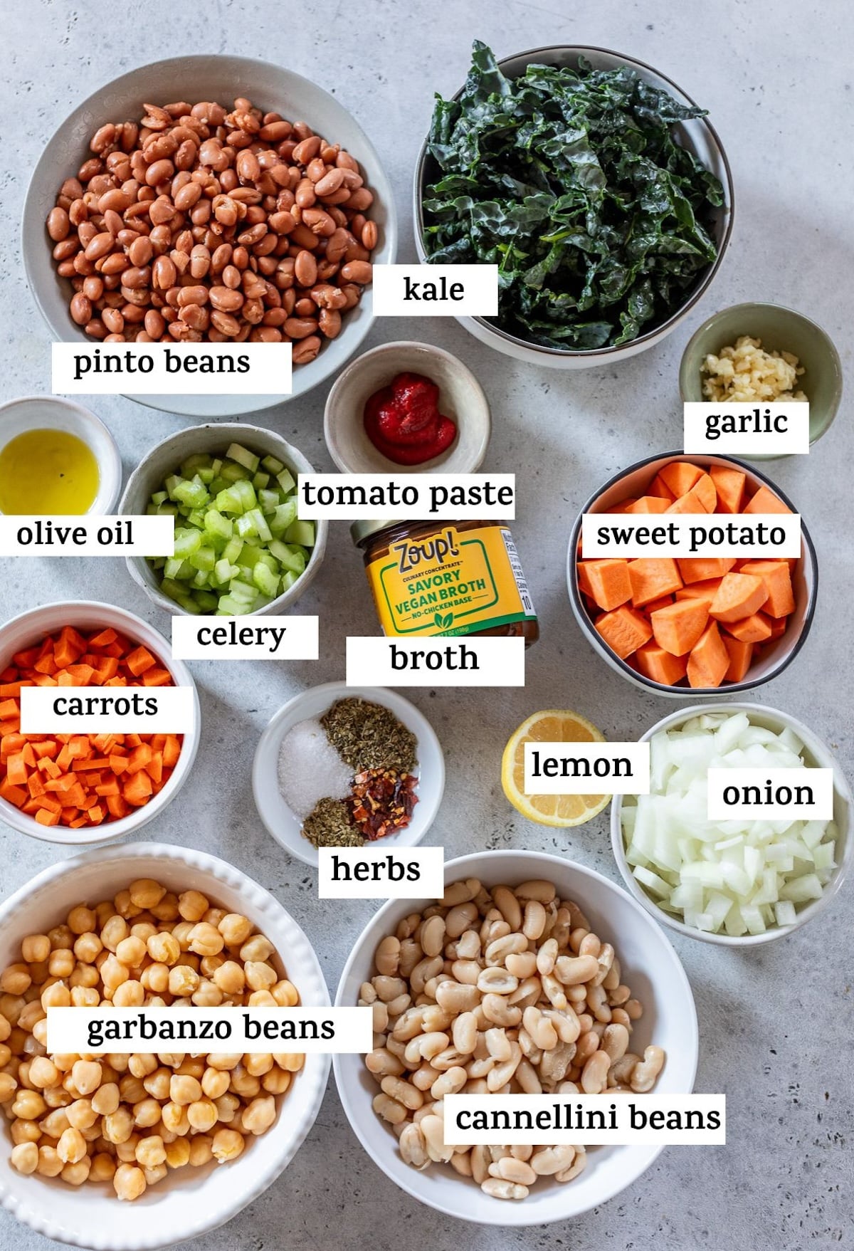 ingredients to make soup like beans, sweet potato and kale