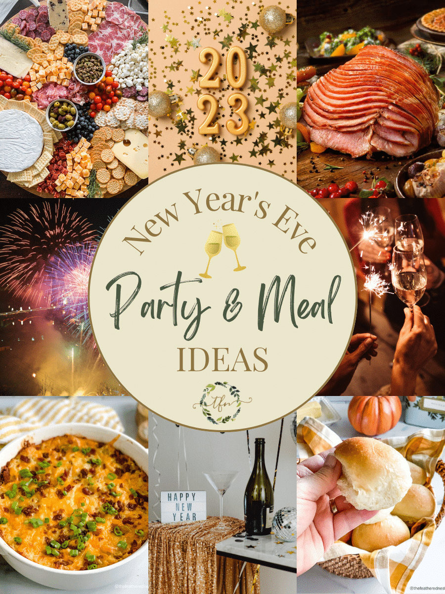 photo collage of New Year photos and food ideas and a text at the center saying "New Year's Eve Party & Meal Ideas".