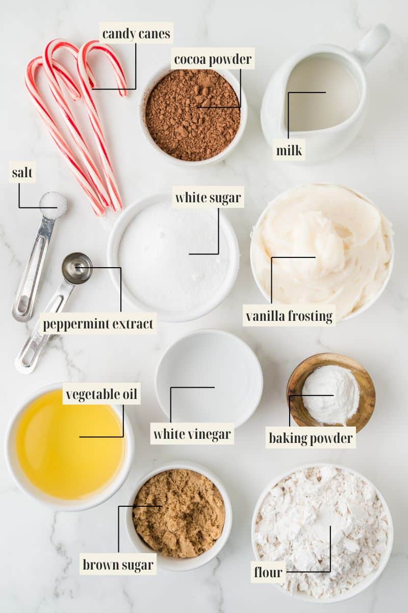 Labeled ingredients for peppermint cupcake recipe.