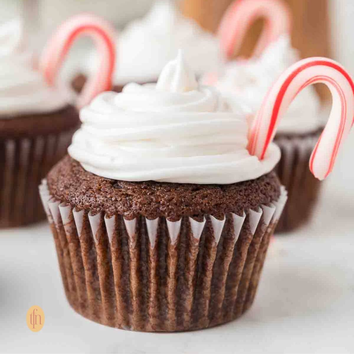 Cupcake with frosting a candy cane.