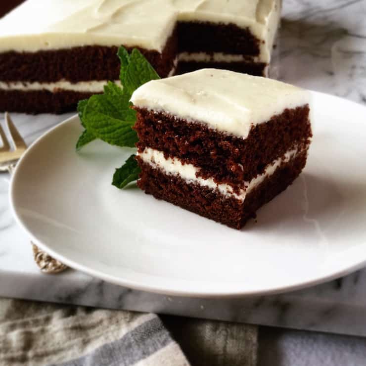 Chocolate Mint Cake, piece on plate with fresh mint, cake in background.