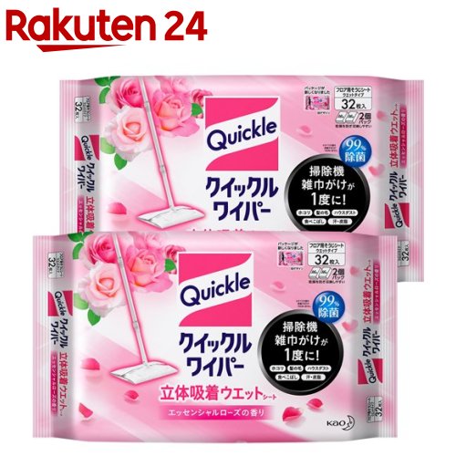 クイックルワイパー 立体吸着 ウエットシート エッセンシャルローズの香り(32枚入*2袋セット)【クイックルワイパー】