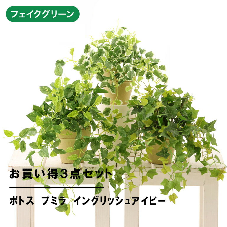 No8407 フェイクグリーン 観葉植物 フェイク 人工観葉植物 造花 インテリア リアル おしゃれ 鉢 お祝い 葉 枝 室内 小型 3点 セット アイビー ポトス プミラ 人気 玄関 リビング オフィス シンプル 素焼きポット お買い得 【日付指定・ギフト不可】