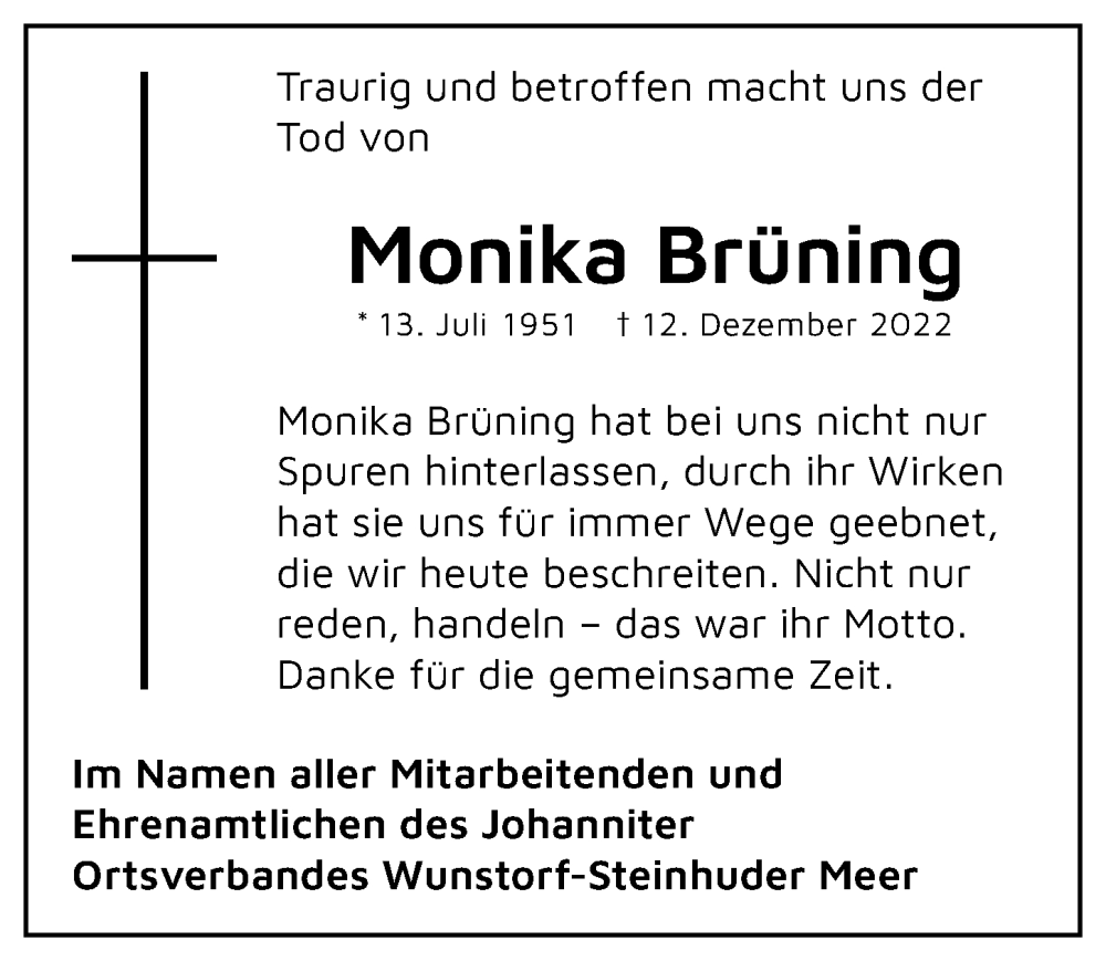  Traueranzeige für Monika Brüning vom 17.12.2022 aus Hannoversche Allgemeine Zeitung/Neue Presse