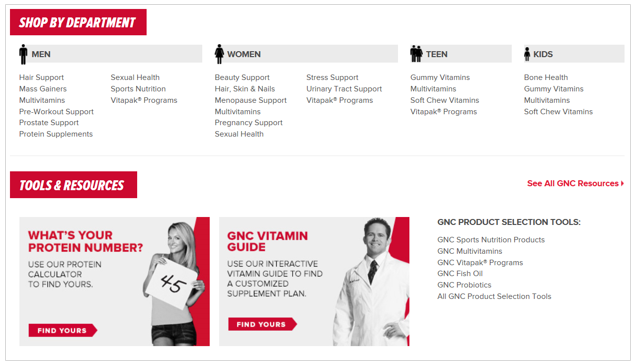 GNC： 「Shop by Department（売り場ごとに買い物をする）」と「Tools & Resources（：ツールと情報）」はカテゴリーの見出しというよりもボタンのようだ（訳注：実際にはクリック不可）。