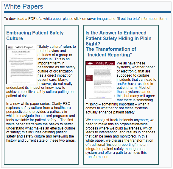 Patient Safety and Quality Healthcare： このページにある間違った手がかりは混乱を引き起こす。青い見出しはクリックが不可能である。その一方、画像はクリック可能なのだが、静的な画像のように見える。ページ上部に何をクリックすべきかの指示はあるものの、デザインから確実にわかるようにはなっていない。