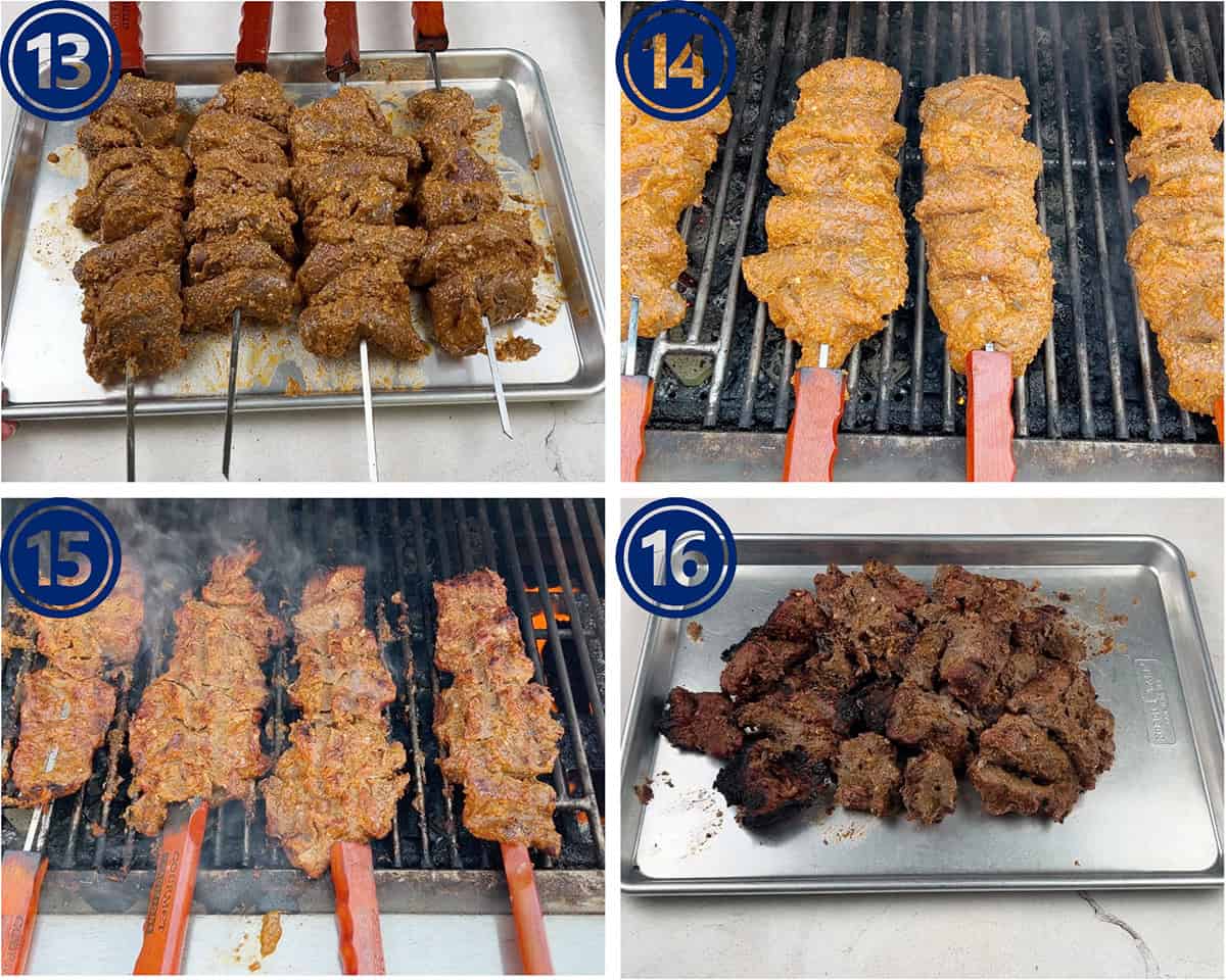 Bihari kabab are being cooked on skewers on an outdoor grill.