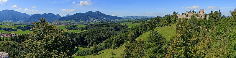 View from Eisenberg Castle, Eisenberg, Bavaria, Germany in a southwesterly direction. In the foreground right Hohenfreyberg Castle