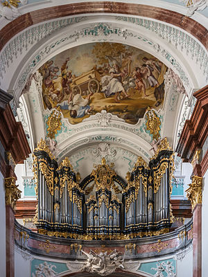 Organ of Altenburg Abbey Church (Lower Austria) by Anton Pfliegler (1775). Above a fresco by Paul Troger (1733): Transfer of the Ark of the Covenant by King David.