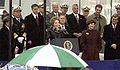 Mrs. Reagan delivers remarks after christening the USS Ronald Reagan in 2001