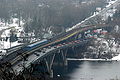 A metro train crossing the Dneper through the Metro Bridge, as seen from the area of the Kiev-Pechersk Lavra