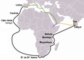 Vasco da Gama's route to India (black), Pêro da Covilhã's (orange) and Afonso de Paiva's journeys (blue).