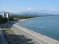 Pitsunda, the view of Caucasus mountains and the Black Sea shore