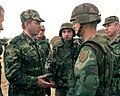 Maj. Gen. Valeri Evtoukovitich (left) commander of Russian Forces in Kosovo greets Brig. Gen. John Craddock (second from right)