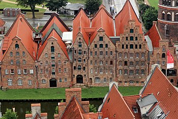 View to the Salzspeicher (salt magazines) from the tower of the church Petrikirche in Lübeck, Schleswig-Holstein Photograph: C.J.N.L. Kyll Licensing: CC-BY-SA-3.0