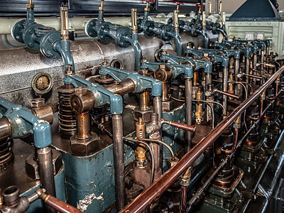 Valve train of an old stationary Werkspoor diesel engine. This engine is on display in an old decommissioned water rumping station in the Netherlands.