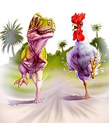 March 22: A T. rex trotting along beside a T. rex-sized chicken. Not just biomechanically impossible.