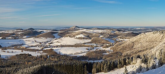 View from the Pferdskopf to the Milseburg in the Rhön Mountains, Hesse, Germany.