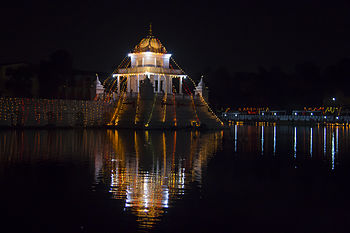 A night view of Ranipokhari. Ranipokhari was built in 1670 AD by Malla King Pratap Malla. Photograph: Sarojpandey Licensing: CC-BY-SA-3.0