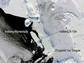 Arial picture of tabular Iceberg B-15A, which calved off of iceberg B-15.