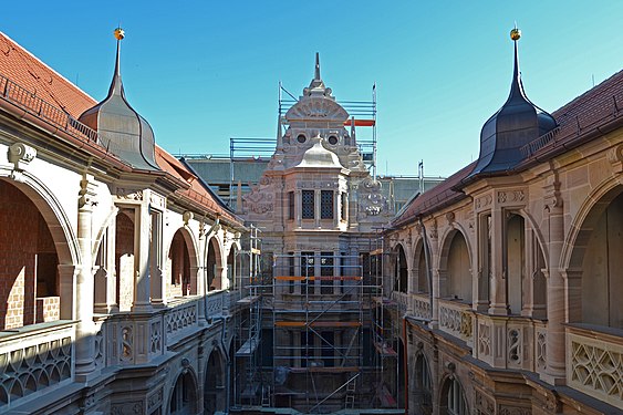 Reconstruction of rennaissance building Peller House in Nuremberg (courtyard Pellerhof, partially destroyed in World War II), photo, June 2018 in Germany.