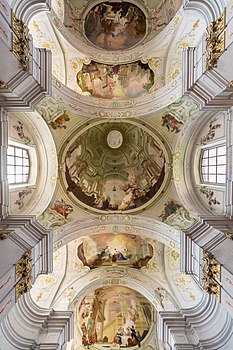 Ceiling frescos in the pilgrimage church of Maria Langegg (Lower Austria) by Josef Adam Mölk (1773): The Birth of Mary in the sanctuary - The Annunciation - Mary, Salvation of the Sick in the dome - The Visitation - The Assumption of Mary. The interesting illusion painting of the dome is designed to be viewed from the church entrance, thus it looks completely wrong in this view. Photograph: Uoaei1 Licensing: CC-BY-SA-3.0-at