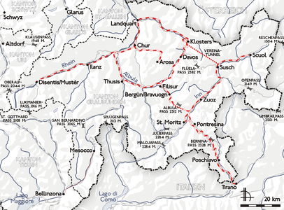 Karte der Rhätischen Bahn mit Susch (Zernez) und Scuol im äussersten Osten des Bahnnetzs (railway map)