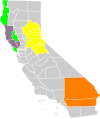 Map of California, US with various economic regions highlighted