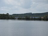 Čeština: Vlak na Dolejším Kařezském rybníce. Přírodní památka Kařezské rybníky, okres Rokycany, Česká republika. English: Train in Dolejší Kařezský rybník (pond) in Kařezské rybníky natural monument, Rokycany District, Czech Republic.