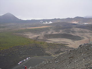 View in direction of Krafla caldera, Hlíðarfjall, Jarðbaðshólar with Jarðböðin, Námafjall and another much smaller tuff ring nearby