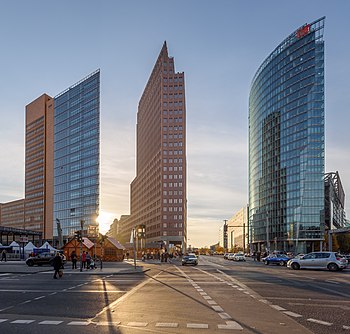 High-rises at Potsdamer Platz in Berlin in backlight: Kollhoff-Tower, Forum Tower and Bahntower